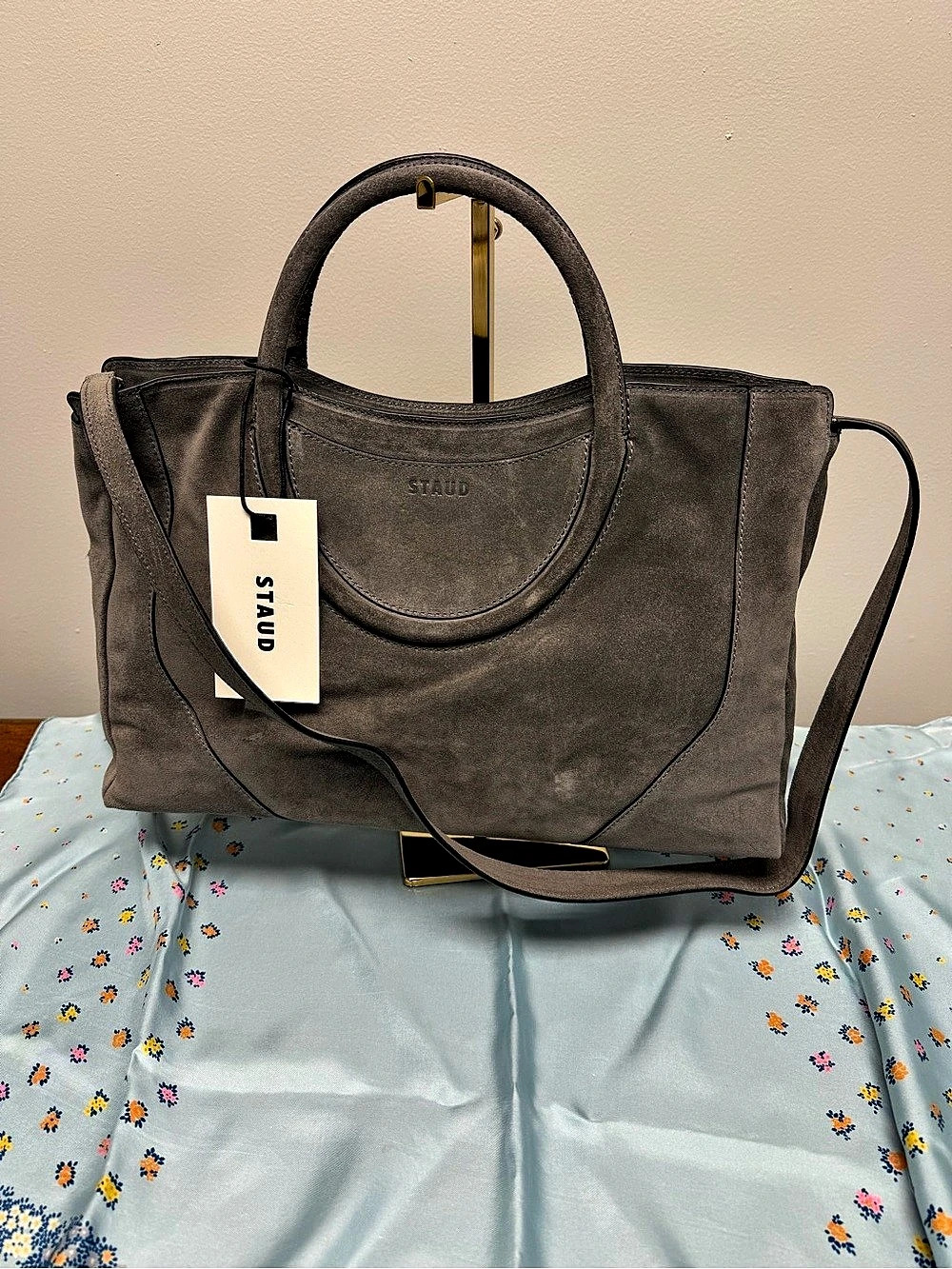 STAUD Maude Satchel – Storm Gray Suede